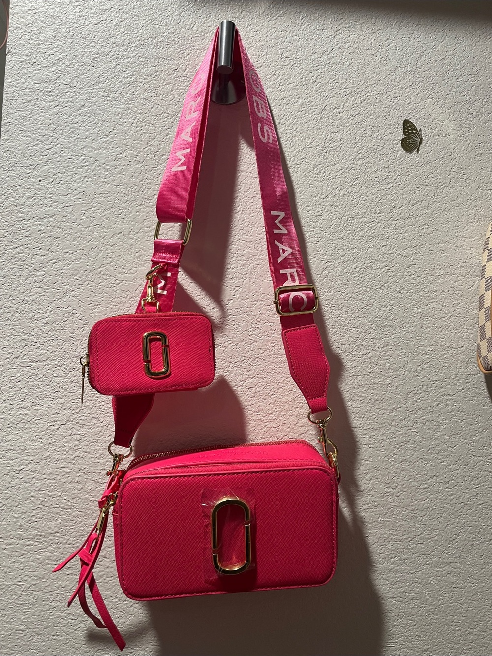 Marc Jacobs Pink Camera Crossbody with Branded Strap and Mini Pouch